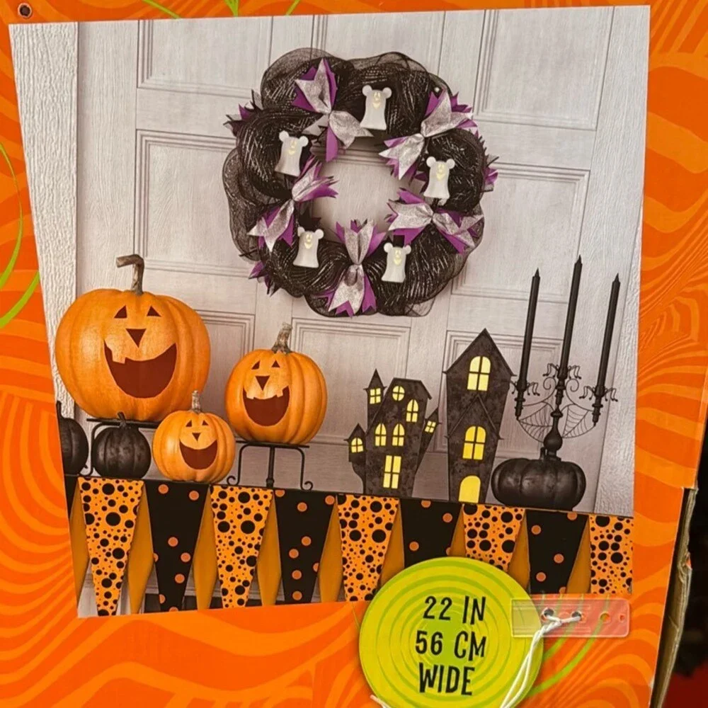 Disney Lighted Micky Mouse Door Singing Halloween Ghost Wreath 22 Inch